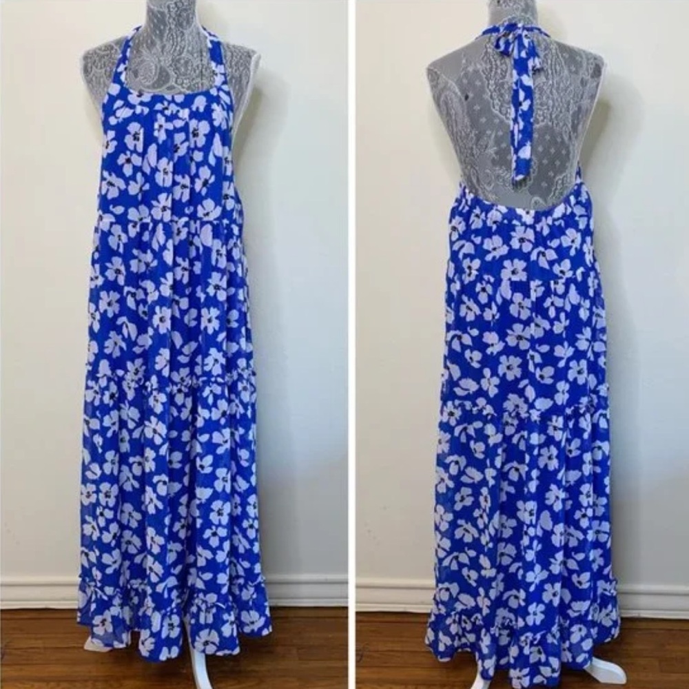 Who What Where Anthropologie Blue Floral Halter Maxi Dress Ruffle